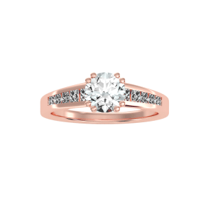 round cut double claws flare channel-set diamond engagement ring with 18k rose gold metal and round shape diamond
