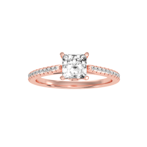 princess cut pave-set diamond solitaire engagement ring with 18k rose gold metal and round shape diamond