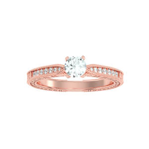 round cut milgrain tapered channel-set diamond carved solitaire engagement ring with 18k rose gold metal and round shape diamond