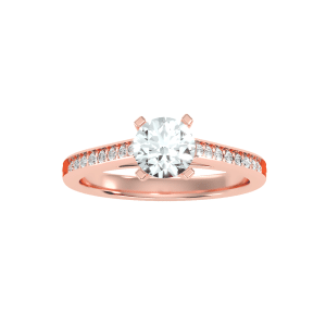 round cut cathedral pinpointed channel-set diamond solitaire engagement ring with 18k rose gold metal and round shape diamond