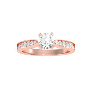 round cut cathedral tapered pinpointed channel-set diamond solitaire engagement ring with 18k rose gold metal and round shape diamond