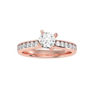 round cut tall claws channel-set diamond solitaire engagement ring with 18k rose gold metal and round shape diamond