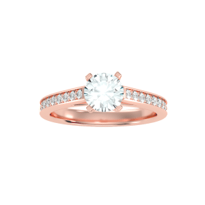 round cut tall neck bridged channel-set solitaire diamond engagement ring with 18k rose gold metal and round shape diamond