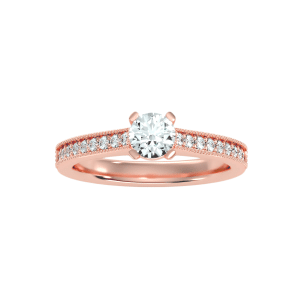 round cut milgrain pinpointed-set solitaire diamond engagement ring with 18k rose gold metal and round shape diamond