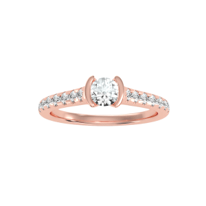 round cut bar-set cathedral pave-set solitaire engagement ring with 18k rose gold metal and round shape diamond