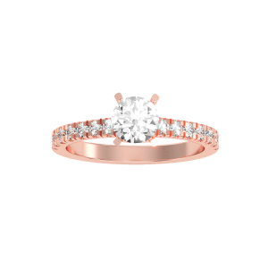 round cut bridged bezel pave-set diamond solitaire engagement ring with 18k rose gold metal and round shape diamond