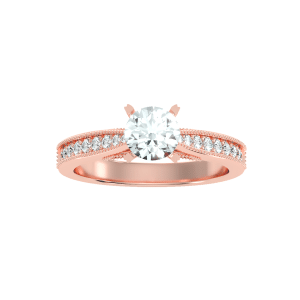 round cut milgrain hidden bridge tapered pinpoint-set diamond solitaire engagement ring with 18k rose gold metal and round shape diamond