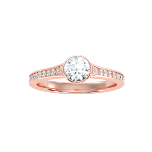 round cut bezel pinpoint-set diamond solitaire engagement ring with 18k rose gold metal and round shape diamond