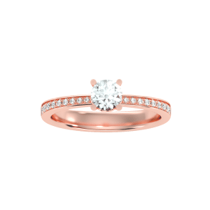 round cut love pinpoint-set tapered diamond solitaire engagement ring with 18k rose gold metal and round shape diamond