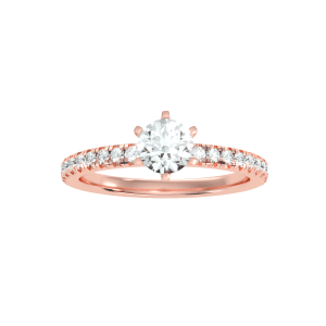 round cut classic 6 claws pave-set diamond solitaire engagement ring with 18k rose gold metal and round shape diamond