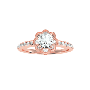 round cut milgrain flower halo pave-set diamond engagement ring with 18k rose gold metal and round shape diamond