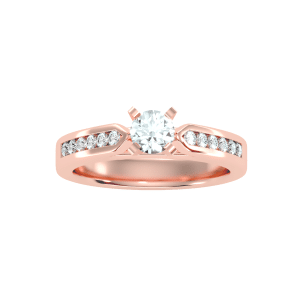 round cut tall shoulder tapered channel-set diamond solitaire engagement ring with 18k rose gold metal and round shape diamond