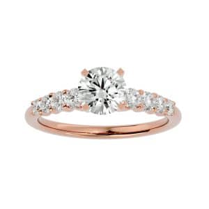 round cut 4 claws share-claws side stone diamond engagement ring with 18k rose gold metal and round shape diamond