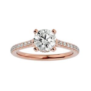 round cut side bezel cathedral pave-set petite solitaire diamond engagement ring with 18k rose gold metal and round shape diamond