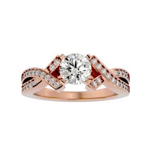 round cut cross ribbon 4 claws pinpoint-set solitaire diamond engagement ring with 18k rose gold metal and round shape diamond