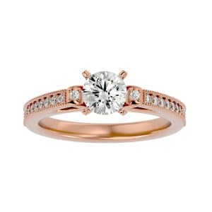 round cut milgrain side stone pinpoint-set solitaire diamond engagement ring with 18k rose gold metal and round shape diamond