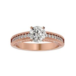 round cut milgrain tall shoulder craved pinpoint-set solitaire diamond engagement ring with 18k rose gold metal and round shape diamond