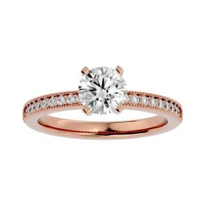 round cut classic milgrain 4 claws pinpoint-set solitaire diamond engagement ring with 18k rose gold metal and round shape diamond