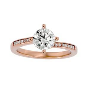 round cut twisted pinpoint-set solitaire diamond engagement ring with 18k rose gold metal and round shape diamond