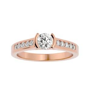 round cut curved bar channel-set diamond engagement ring with 18k rose gold metal and round shape diamond