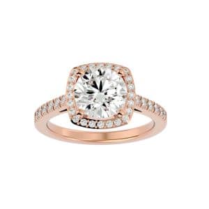 round cut petite pave-set diamond square halo engagement ring with 18k rose gold metal and round shape diamond