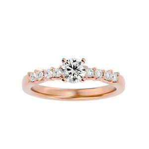 round cut cross claws scallop-set side stone diamond engagement ring with 18k rose gold metal and round shape diamond