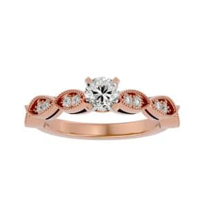 round cut milgrain marquise pinpoint-set diamond solitaire engagement ring with 18k rose gold metal and round shape diamond