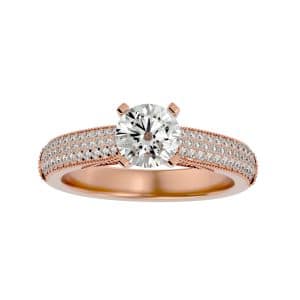 round cut milgrain hidden bridged triple micropave-set diamond solitaire engagement ring with 18k rose gold metal and round shape diamond