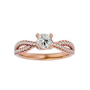 round cut floating crossed petite pave-set diamond solitaire engagement ring with 18k rose gold metal and round shape diamond