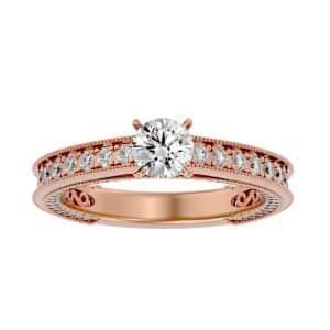 skygem & co. round cut milgrain carved 3/4 way deep channel pave-set solitaire diamond engagement ring with 18k rose gold metal and round shape diamond