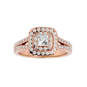 princess cut split shank pave-set double halo diamond engagement ring with 18k rose gold metal and princess shape diamond