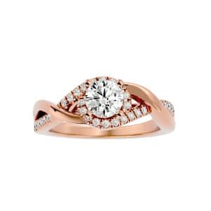 round cut crossed band twisted halo diamond engagement ring with 18k rose gold metal and round shape diamond