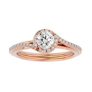 round cut curl halo pave-set diamond engagement ring with 18k rose gold metal and round shape diamond