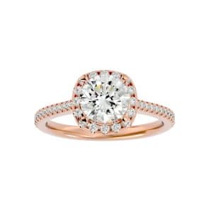 round cut petite pave-set cathedral halo diamond engagement ring with 18k rose gold metal and round shape diamond