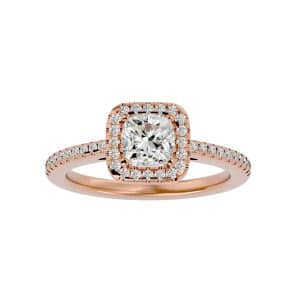 classic petite pave-set square halo engagement ring with 18k rose gold metal and cushion shape diamond