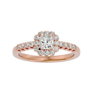 square cut petite scallop-set flower halo diamond engagement ring with 18k rose gold metal and asscher shape diamond