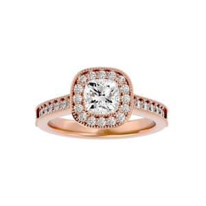vintage milgrain halo pinpointed-set diamond engagement ring with 18k rose gold metal and cushion shape diamond