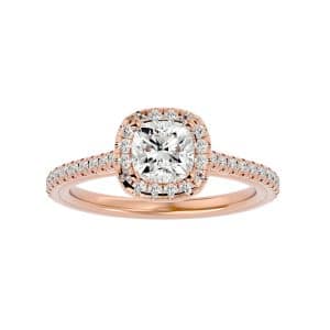 cushion shape petite halo pave-set diamond engagement ring with 18k rose gold metal and cushion shape diamond