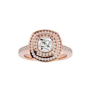 double bezel halo pinpointed-set diamond engagement ring with 18k rose gold metal and cushion shape diamond
