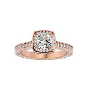 lucy eternity diamond halo engagement ring with 18k rose gold metal and cushion shape diamond
