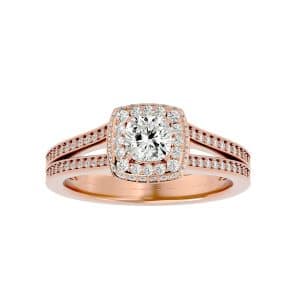 channel-set halo split shank diamond engagement ring with 18k rose gold metal and cushion shape diamond