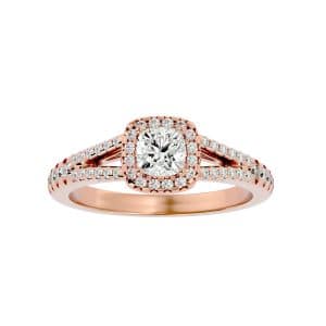 open shank pave-set halo diamond engagement ring with 18k rose gold metal and cushion shape diamond