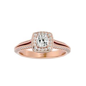vintage halo split band micro pave-set diamond engagement ring with 18k rose gold metal and cushion shape diamond