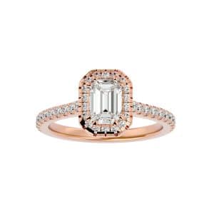 emerald shape pave-set cathedral halo diamond engagement ring with 18k rose gold metal and emerald shape diamond