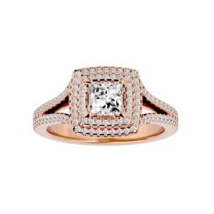 princess cut double halo split-shank pave-set diamond engagement ring with 18k rose gold metal and princess shape diamond