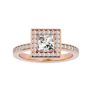 princess cut rail pinpoint-set square halo diamond engagement ring with 18k rose gold metal and princess shape diamond