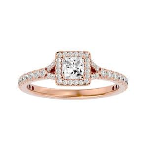 princess cut cathedral split shank pave-set halo diamond engagement ring with 18k rose gold metal and princess shape diamond