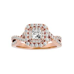 princess cut crossed band double halo pave-set diamond engagement ring with 18k rose gold metal and princess shape diamond
