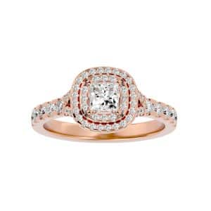 princess cut split shank double halo pave-set diamond engagement ring with 18k rose gold metal and princess shape diamond