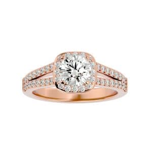 round cut split band pinpointed-set halo diamond engagement ring with 18k rose gold metal and round shape diamond